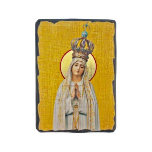 Icône Vierge de Fatima sur Bois Finition Antique - Fabrication Artisanale avec Sceau (2 tailles)