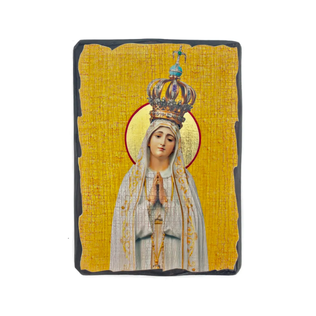 Icône Vierge de Fatima sur Bois Finition Antique - Fabrication Artisanale avec Sceau (2 tailles)
