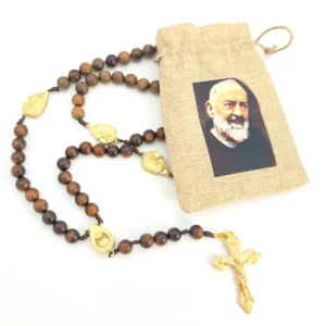 Chapelet en Bois Saint Padre Pio - Médailles à l'Huile Bénite et Pochette en Jute