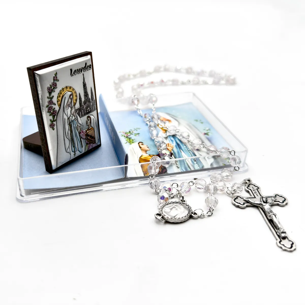Coffret Souvenir de Lourdes Exclusif : Mini Cadre Argent et son Chapelet (4 Couleurs)