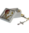 Chapelet de Première Communion Garçon (Perles Nacrées) avec sa Boîte Souvenir Argentée