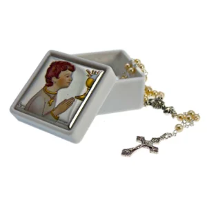 Chapelet de Première Communion Garçon (Perles Nacrées) avec sa Boîte Souvenir Argentée