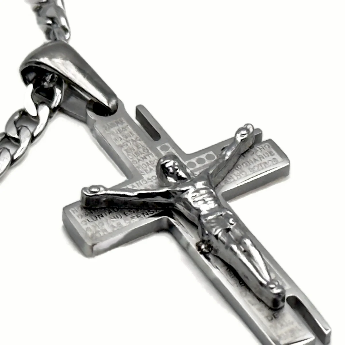Collier Crucifix Moderne Gravé "Notre Père" - Collection ORA - Acier Inoxydable (3 Finitions)