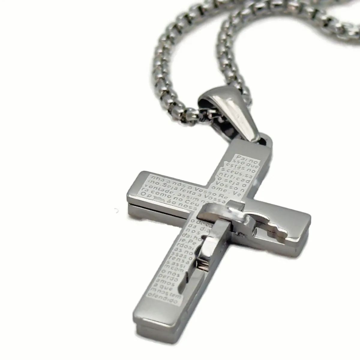 Collier Croix Moderne Gravée Prière du Notre Père - Acier Inoxydable (Chaîne 50 cm) – Image 2