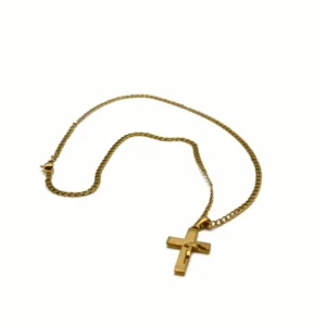 Collier Croix Moderne Dorée - Gravure Prière du Notre Père en Acier Inoxydable