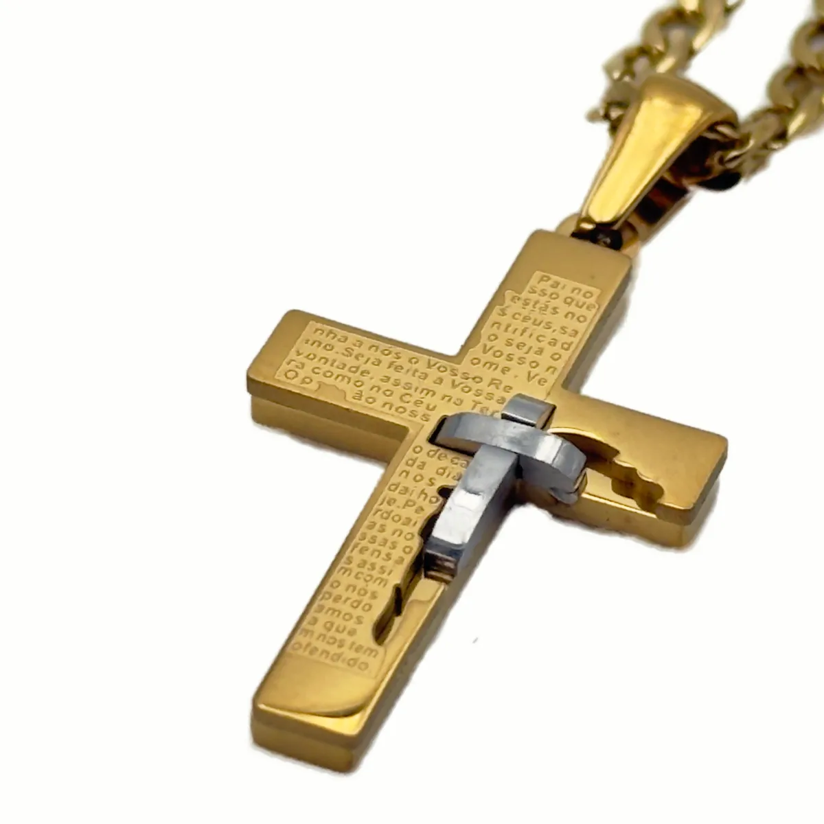 Collier Croix Moderne Gravée Prière du Notre Père - Acier Inoxydable (Chaîne 50 cm) – Image 3