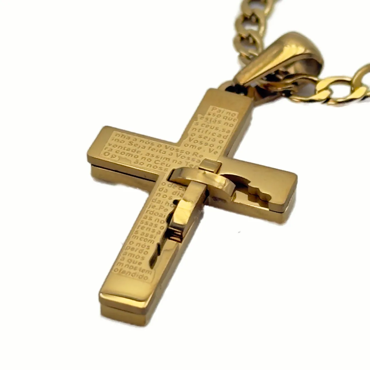 Collier Croix Moderne Dorée - Gravure Prière du Notre Père en Acier Inoxydable