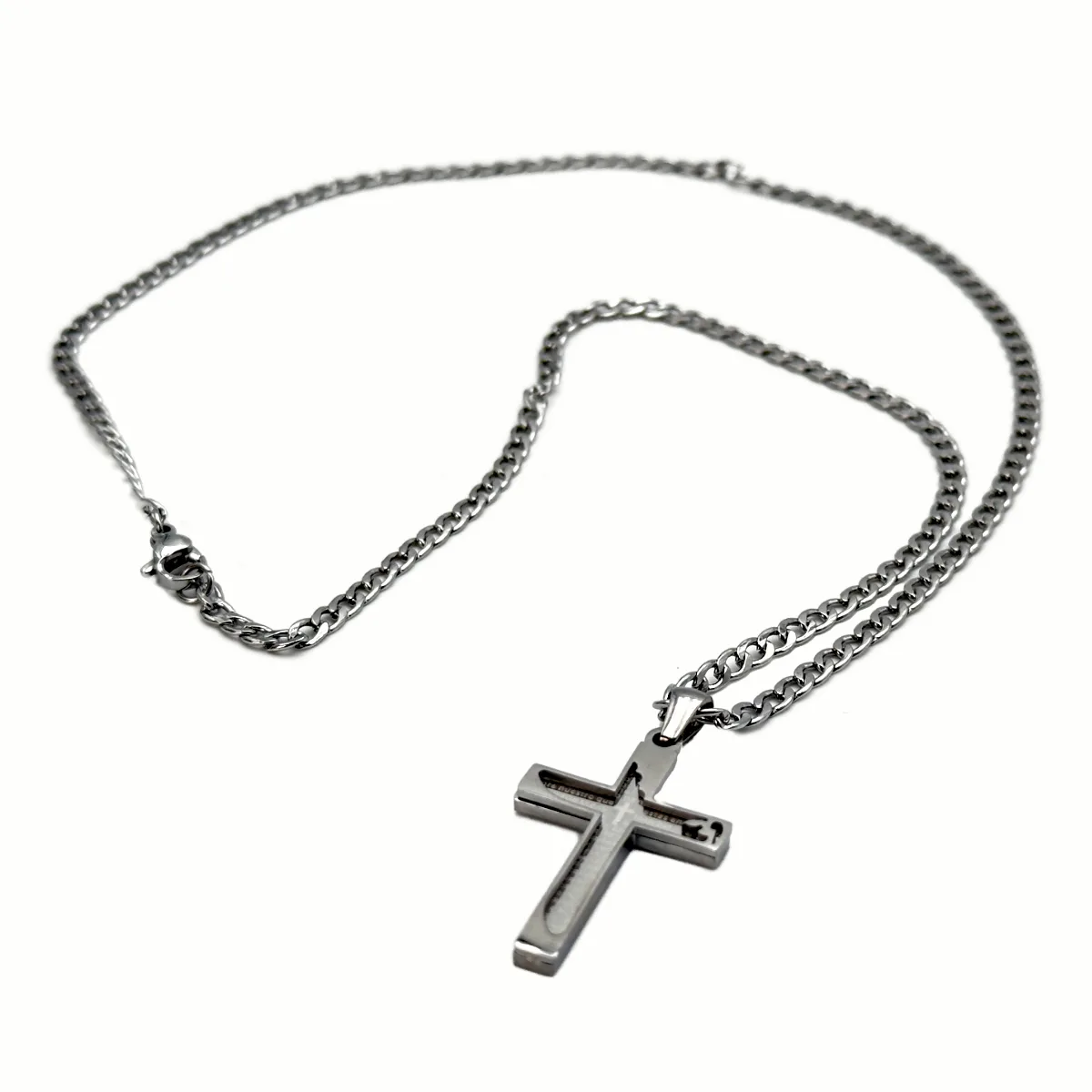 Collier Croix Moderne Double Épaisseur - Gravure Notre Père, Acier Inox argentée (Chaîne 50 cm)