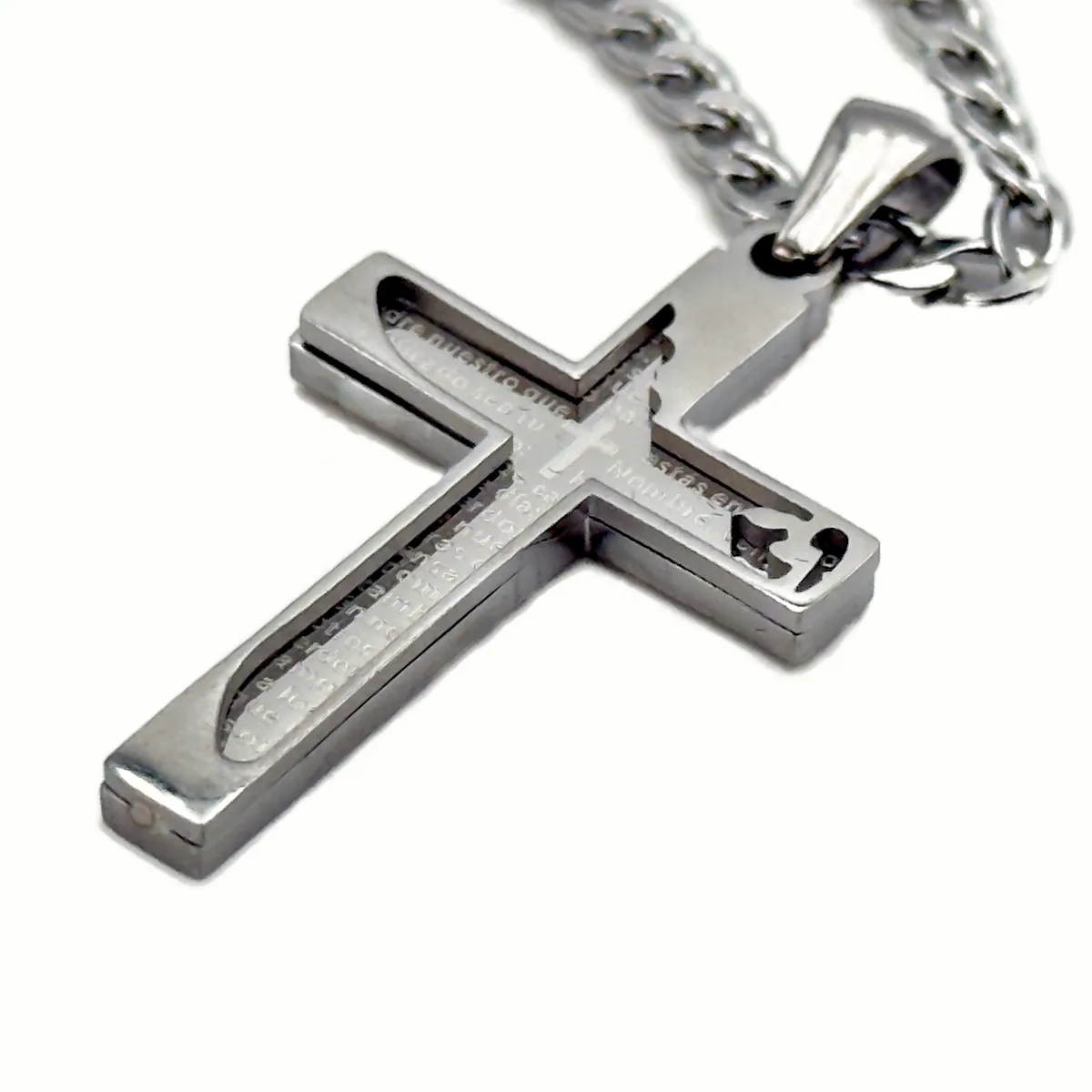 Collier Croix Moderne Double Épaisseur - Gravure Notre Père, Acier Inox (Chaîne 50 cm) – Image 6