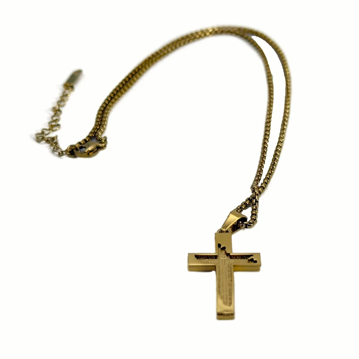 Collier Croix Moderne Double Épaisseur - Gravure Notre Père, Acier Inox doré (Chaîne 50 cm)