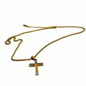 Collier Croix Moderne Double Épaisseur - Gravure Notre Père, Acier Inox bicolore(Chaîne 50 cm)