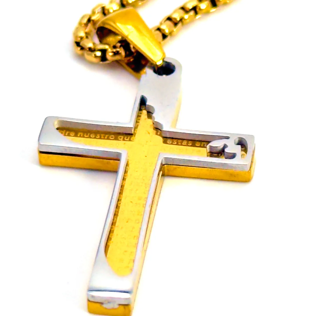 Collier Croix Moderne Double Épaisseur - Gravure Notre Père, Acier Inox (Chaîne 50 cm) – Image 2