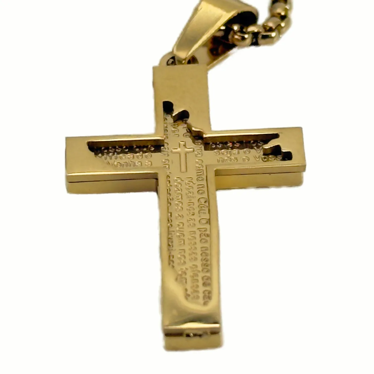 Collier Croix Moderne Double Épaisseur - Gravure Notre Père, Acier Inox (Chaîne 50 cm) – Image 4