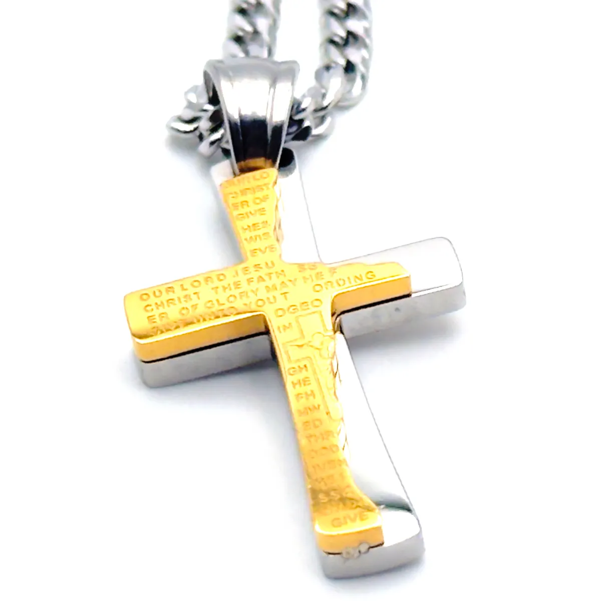Collier Croix Double Épaisseur - Gravure Notre Père en Anglais (Acier Inoxydable) – Image 3