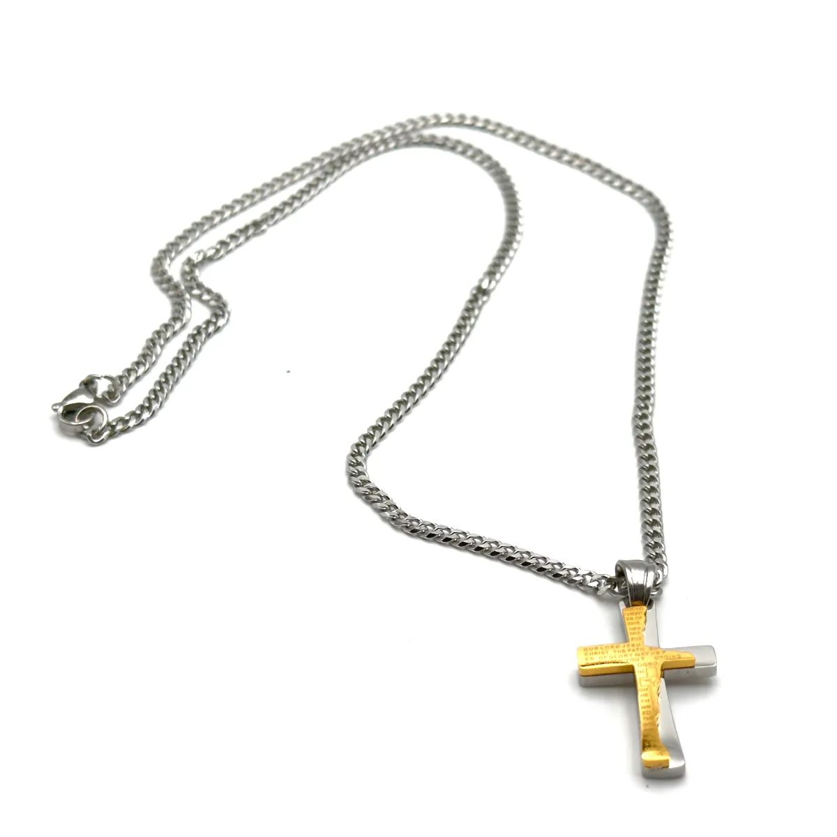 Collier Croix Double Épaisseur - Gravure Notre Père en Anglais (Acier Inoxydable)
