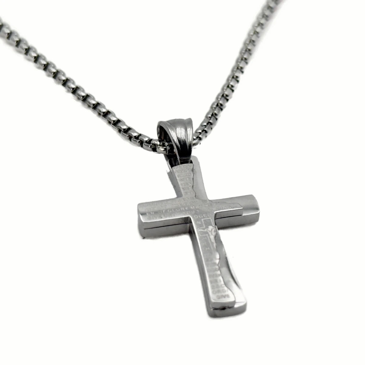 Collier Croix Double Épaisseur Argentée - Gravure Notre Père en Anglais