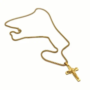 Collier Crucifix Saint Benoît et Chaîne en Acier Inoxydable Doré