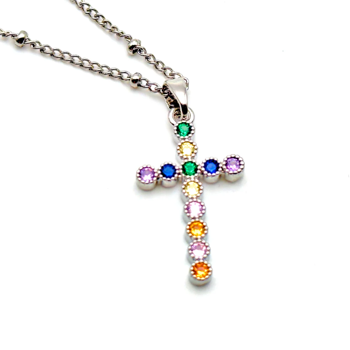 Collier Croix Serti Clos Pierres Rondes - Collection ORA - Acier Inox (4 Variations) – Image 4