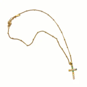 Collier Croix Serti Clos Pierres Rondes - Collection ORA - Acier Inox