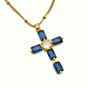 Collier Croix Serti de Pierres Rectangulaires - Collection ORA - Acier Doré (6 Couleurs)