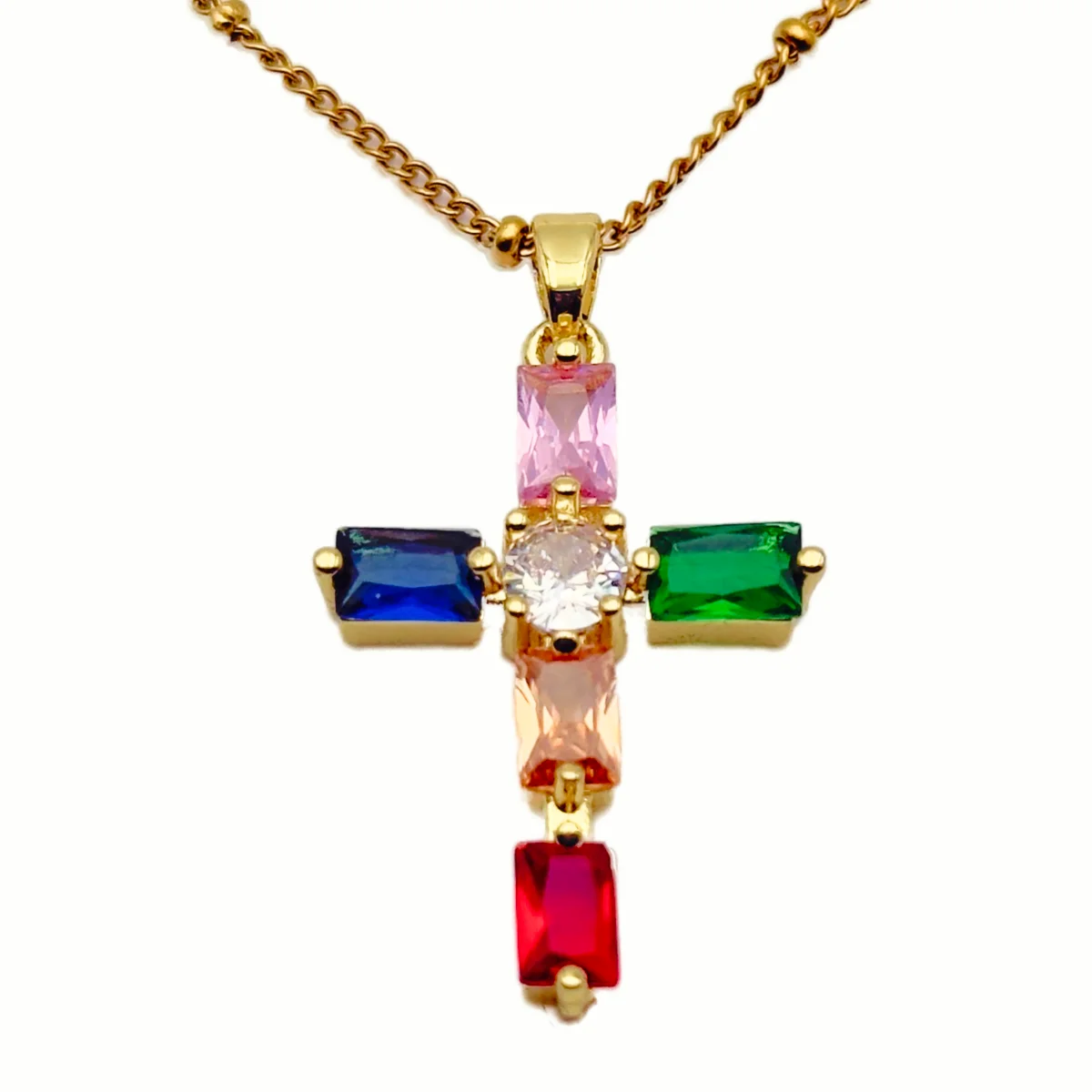 Collier Croix Serti de Pierres Rectangulaires - Collection ORA - Acier Doré (6 Couleurs) – Image 2