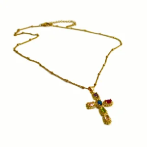 Collier Pendentif Croix Orné de Pierres Zirconium - Acier Inoxydable (5 Couleurs au Choix)
