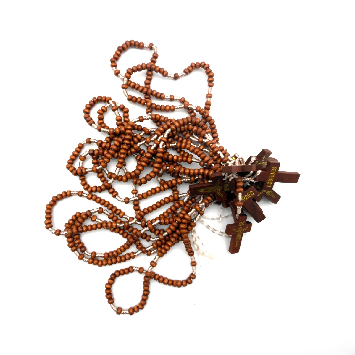 Lot Économique de 12 Chapelets en Bois Brun et Corde - Croix "Lourdes"