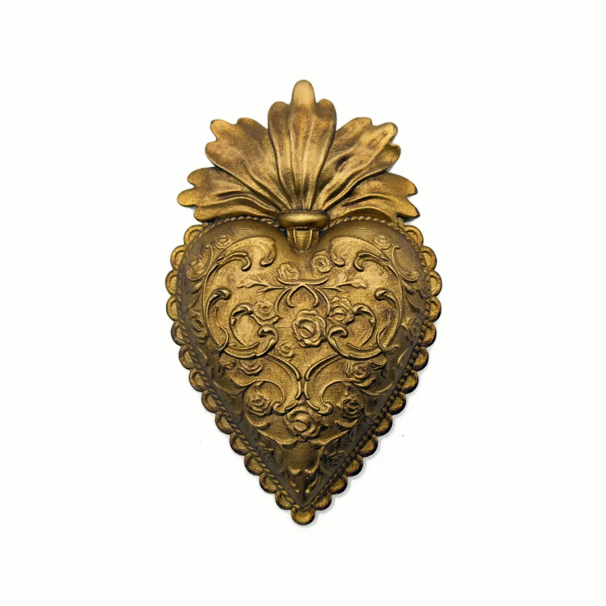 Ex-Voto Mural en Résine - Cœur Doré Ciselé aux Motifs Floraux (12 cm)