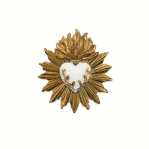 Petit Ex-Voto Mural "Cœur Ardent Blanc & Rameaux Dorés" - Décoration Spirituelle Rayonnante (8 cm)