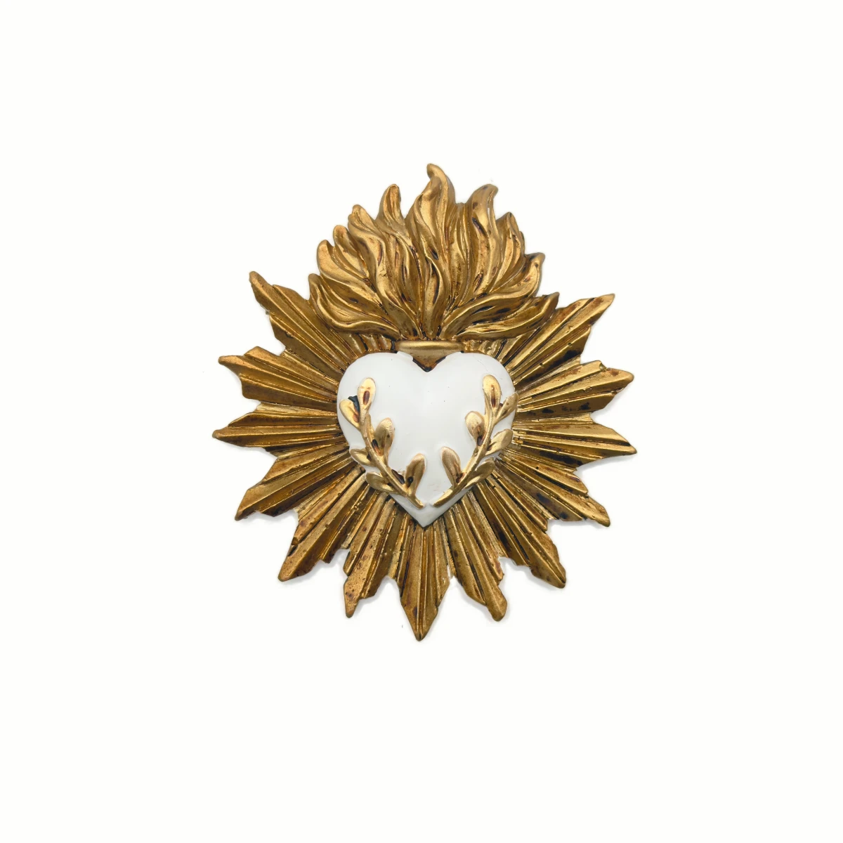 Petit Ex-Voto Mural "Cœur Ardent Blanc & Rameaux Dorés" - Décoration Spirituelle Rayonnante (8 cm)