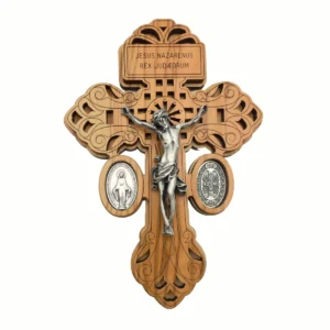 Crucifix Mural Bois Ajouré Médailles St Benoît & Miraculeuse 24cm
