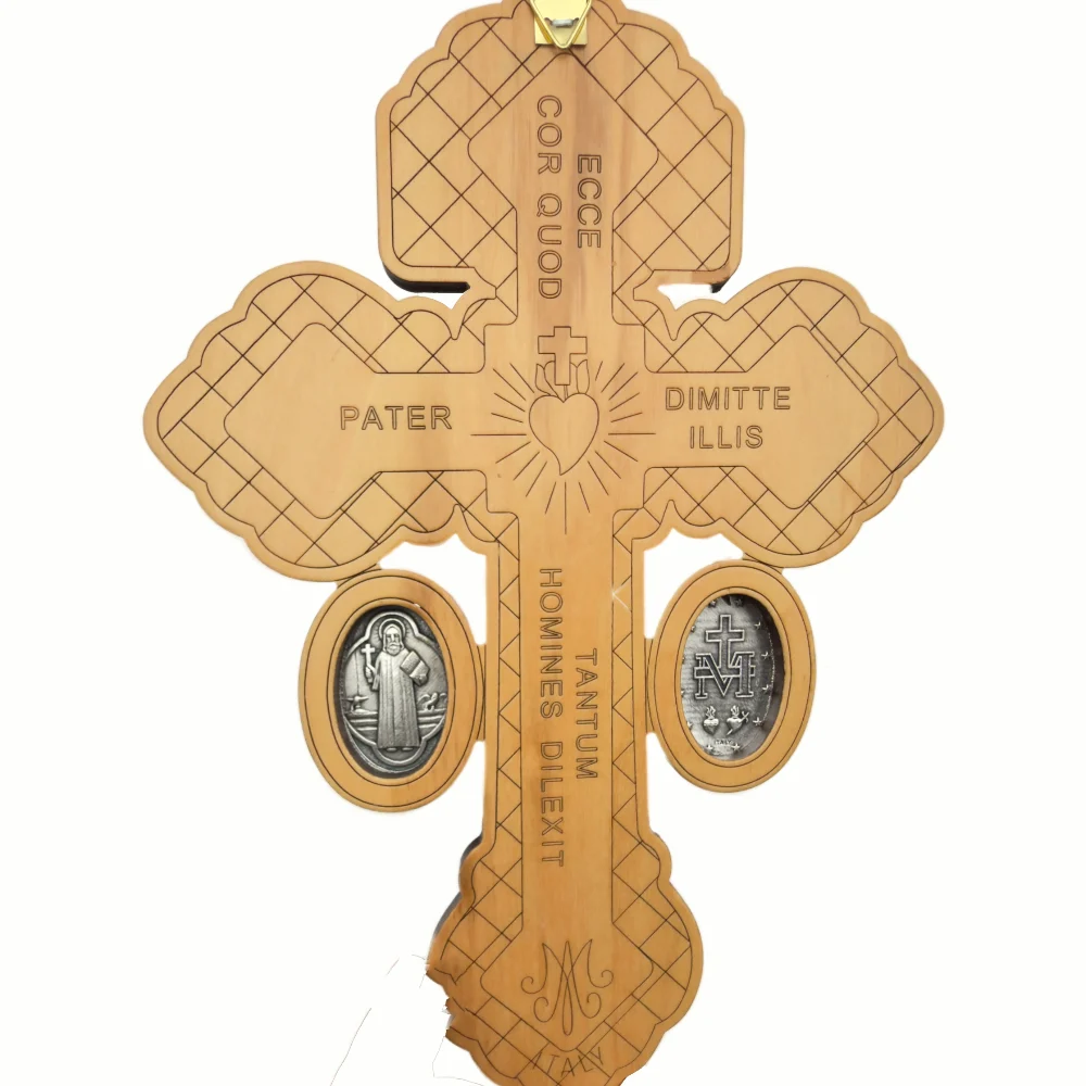 Grand Crucifix Mural en Bois Ajouré - Médailles Saint Benoît et Miraculeuse (24 cm) – Image 2