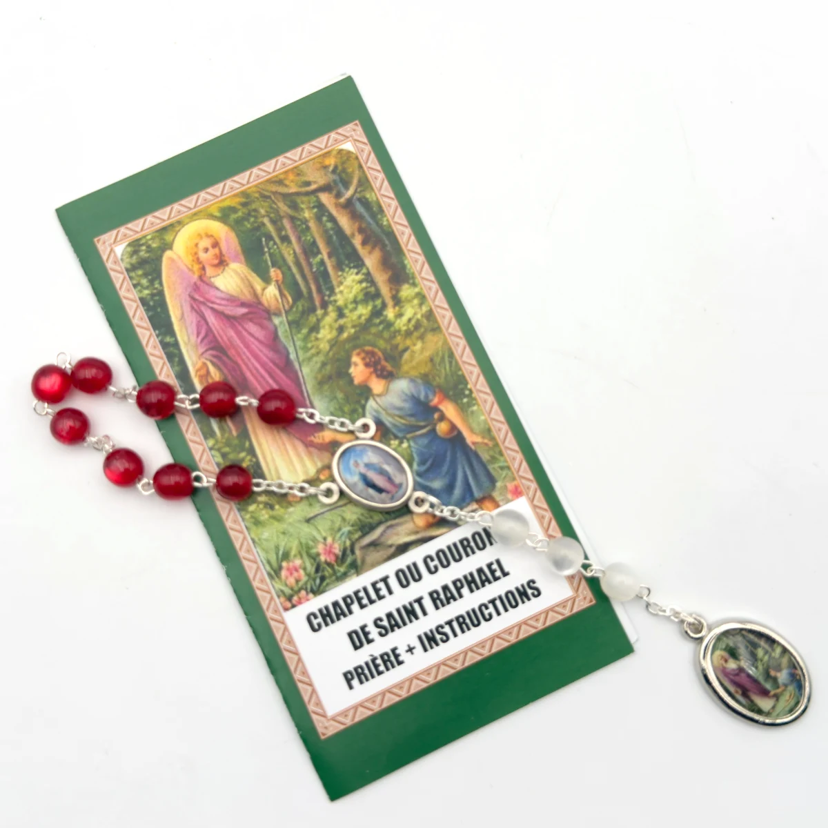 Chapelet ou Couronne de Saint Raphaël Archange - Perles Rouges et Blanches (Livret Inclus)