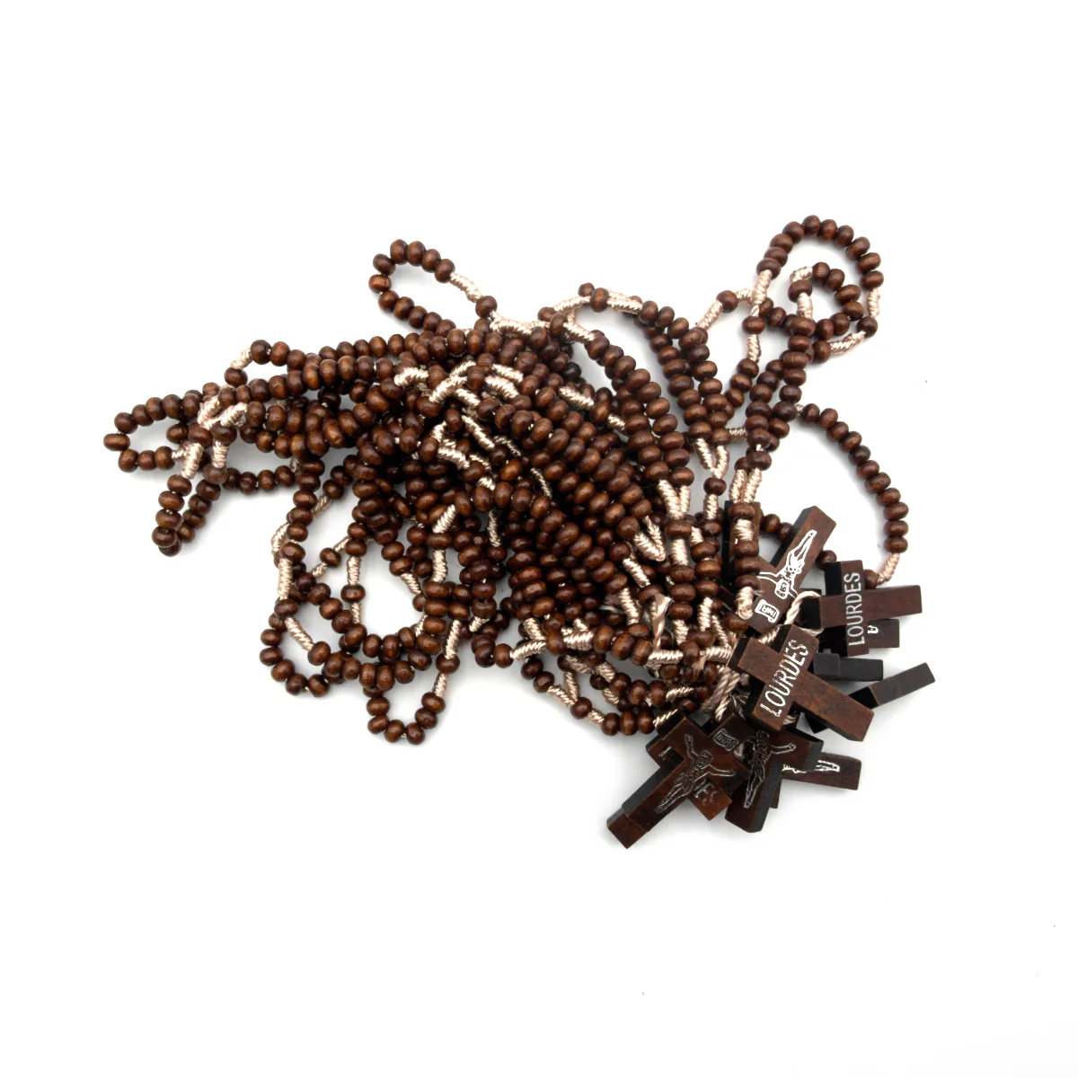Lot Économique de 12 Chapelets en Bois Brun et Corde - Croix "Lourdes"