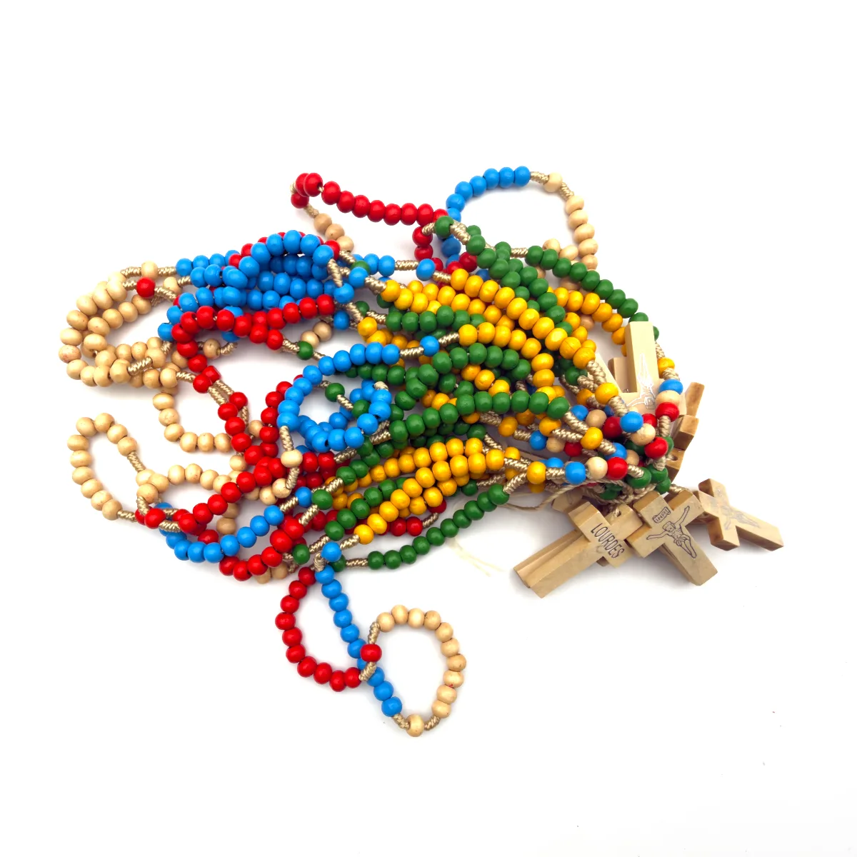 Lot Économique de 12 Chapelets Missionnaires en Bois et Corde - Croix "Lourdes" - grosses perles