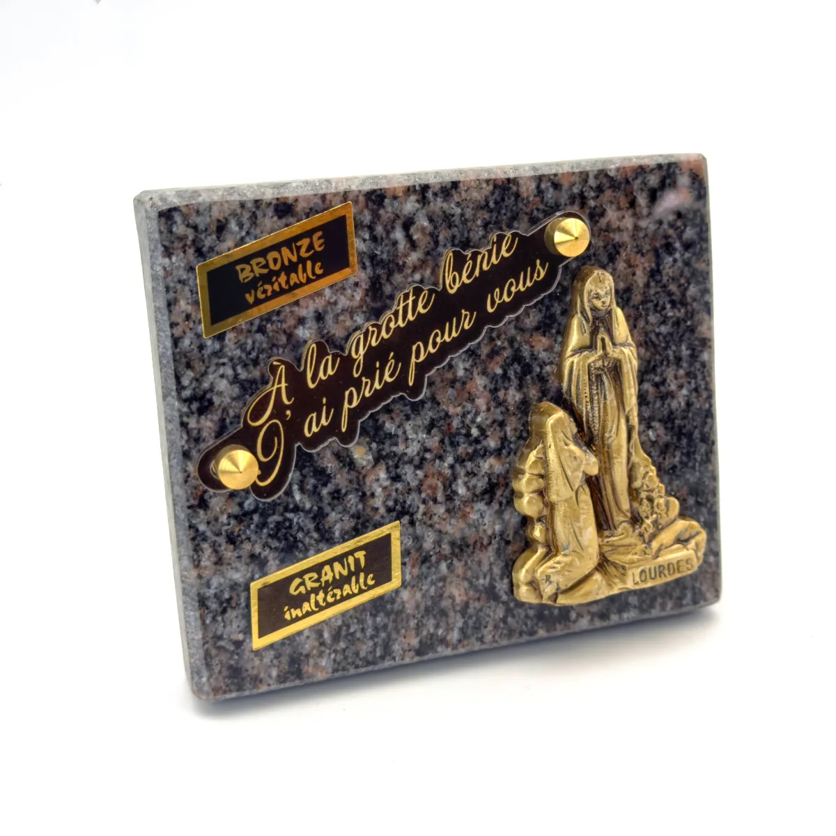 Plaque funéraire Notre-Dame de Lourdes en granit et bronze
