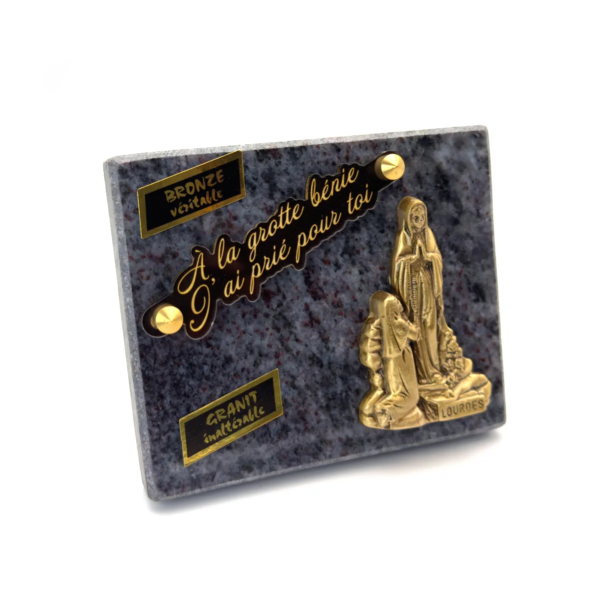Plaque funéraire Notre-Dame de Lourdes en granit et bronze