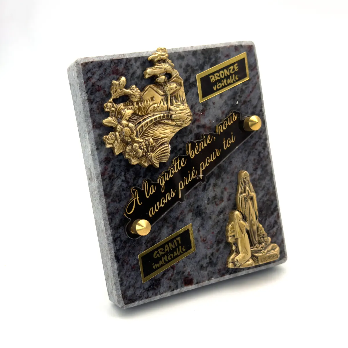 Plaque funéraire Notre-Dame de Lourdes et maison en granit et bronze – 10 x 12,5 cm