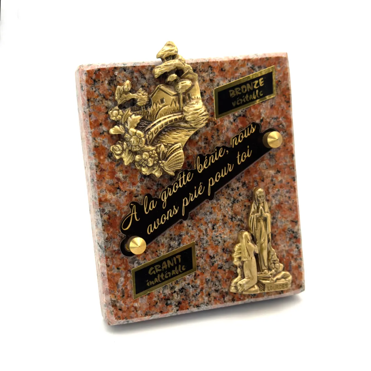 Plaque funéraire Notre-Dame de Lourdes et maison en granit et bronze – 10 x 12,5 cm