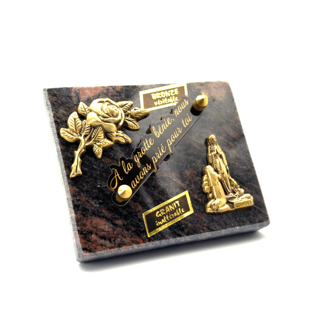 Plaque funéraire rose et Notre-Dame de Lourdes en granit et bronze – 12,5 x 10,5 cm