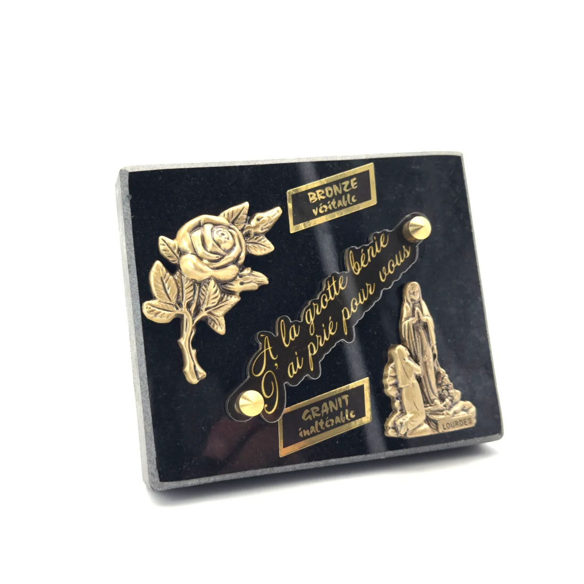 Plaque funéraire rose et Notre-Dame de Lourdes en granit noir et bronze – 12,5 x 10,5 cm
