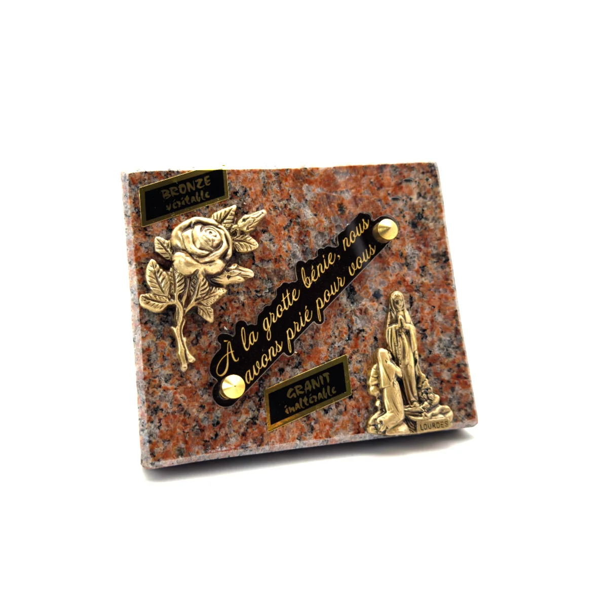 Plaque funéraire rose et Notre-Dame de Lourdes en granit rose et bronze – 12,5 x 10,5 cm