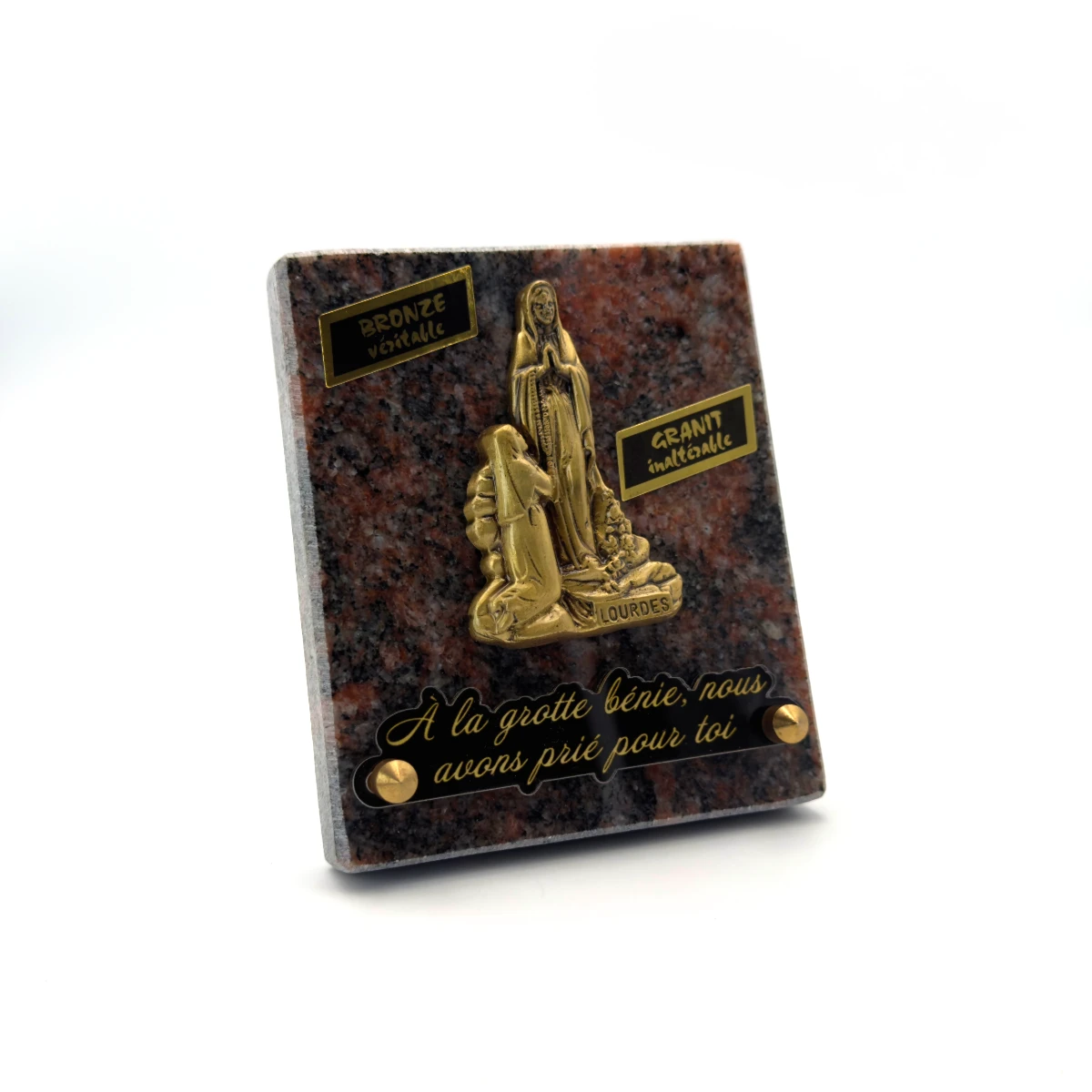 Plaque funéraire Notre-Dame de Lourdes en granit et bronze – 10 x 12,5 cm