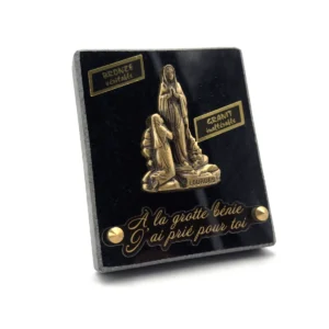 Plaque funéraire Notre-Dame de Lourdes en granit noir et bronze – 10 x 12,5 cm