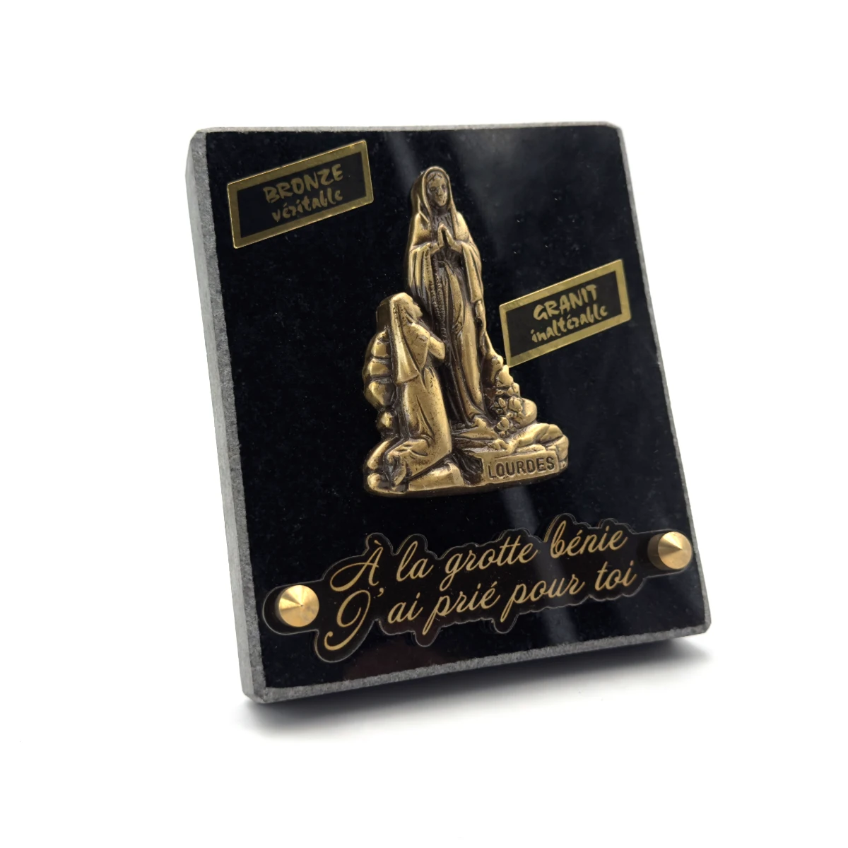 Plaque funéraire Notre-Dame de Lourdes en granit noir et bronze – 10 x 12,5 cm