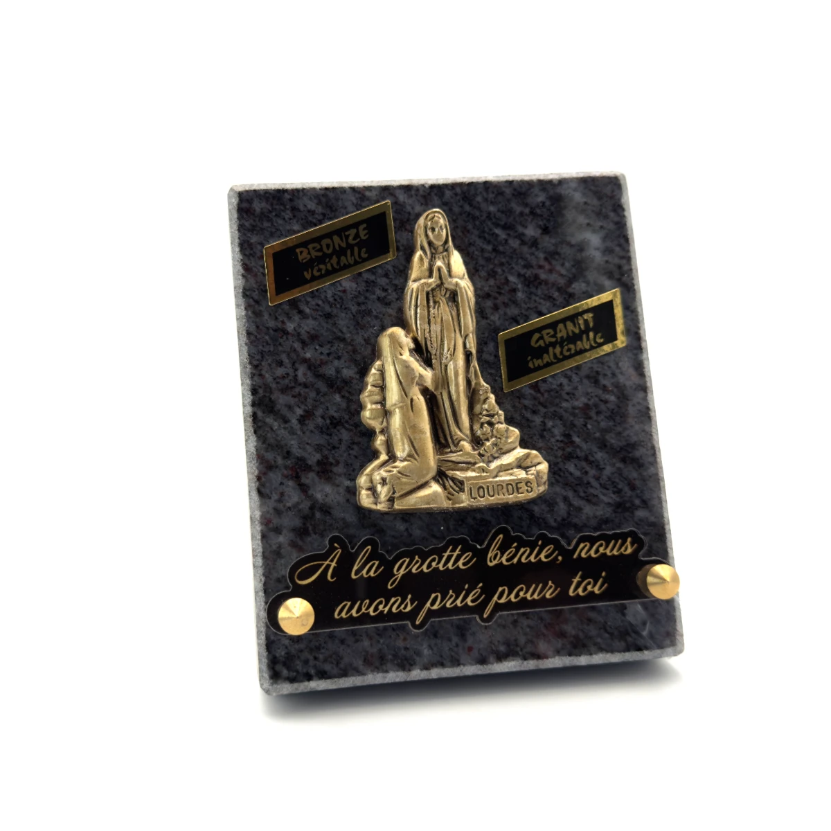 Plaque funéraire Notre-Dame de Lourdes en granit gris et bronze – 10 x 12,5 cm
