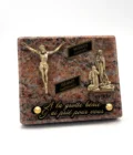 Plaque funéraire Christ et Notre-Dame de Lourdes en granit rose et bronze
