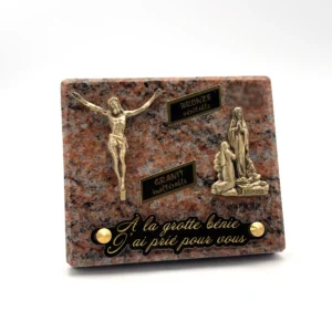 Plaque funéraire Christ et Notre-Dame de Lourdes en granit rose et bronze