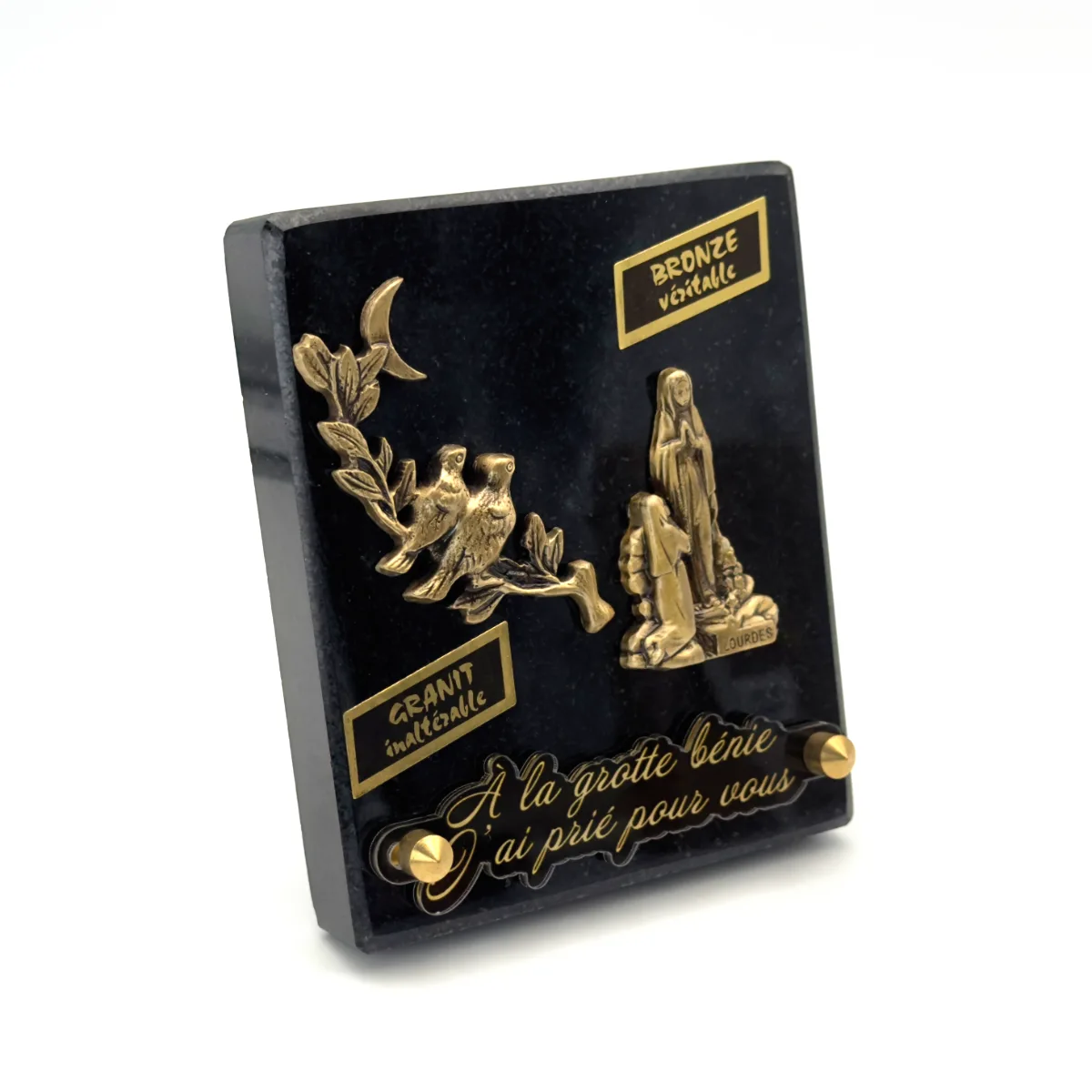 Plaque funéraire Notre-Dame de Lourdes, colombes et lune en granit et bronze