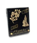 Plaque funéraire Notre-Dame de Lourdes et fleurs en granit noir et bronze